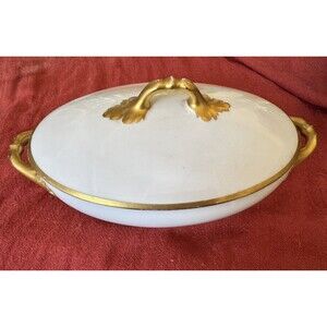 Antique Schwarzburg Porcelain Covered Serving Dish – Gold Gilded Handles – 13”